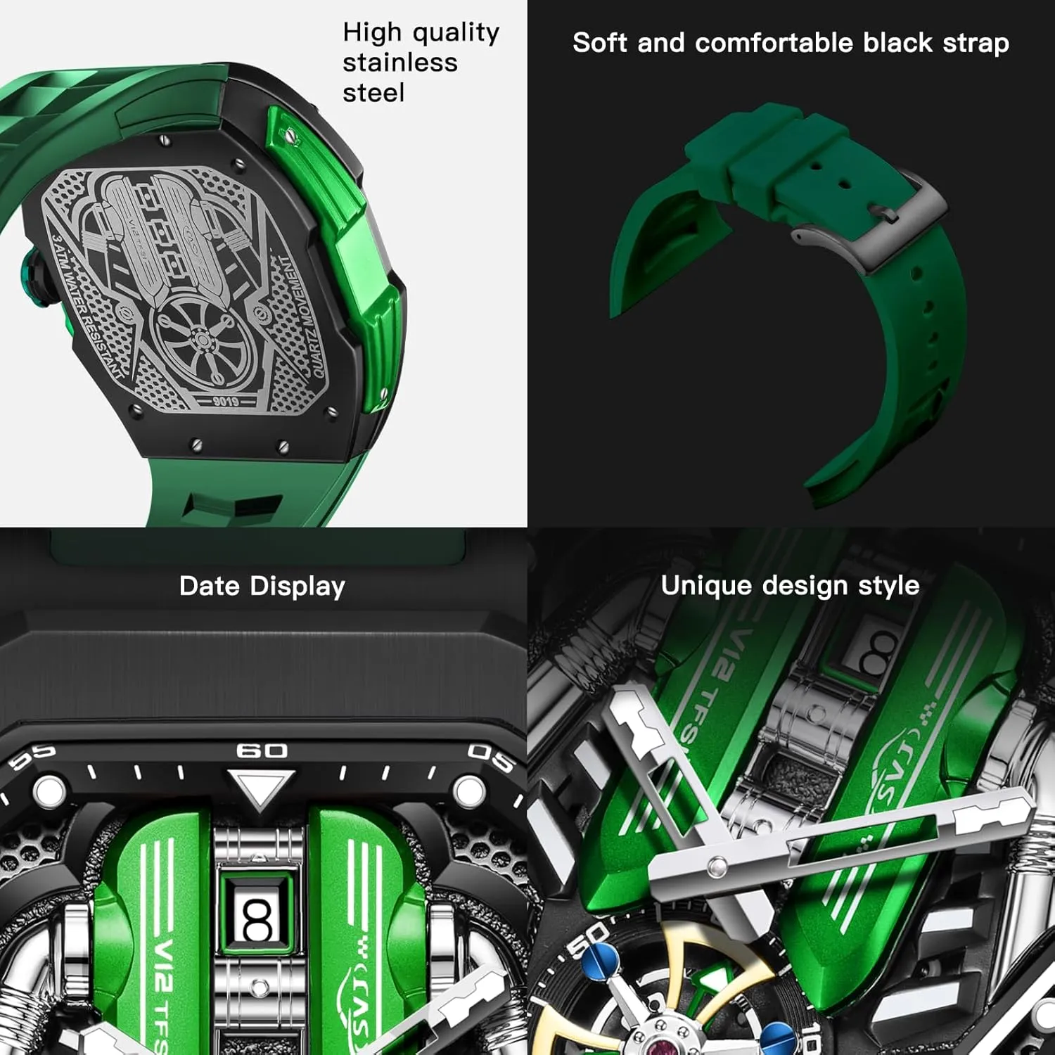 Big Face Fashion Quartz Black Watch 30ATM, Casual Watch for trainload Men Unique Gifts for Men Mens Watches, Wrist Watches Luminous Design, 