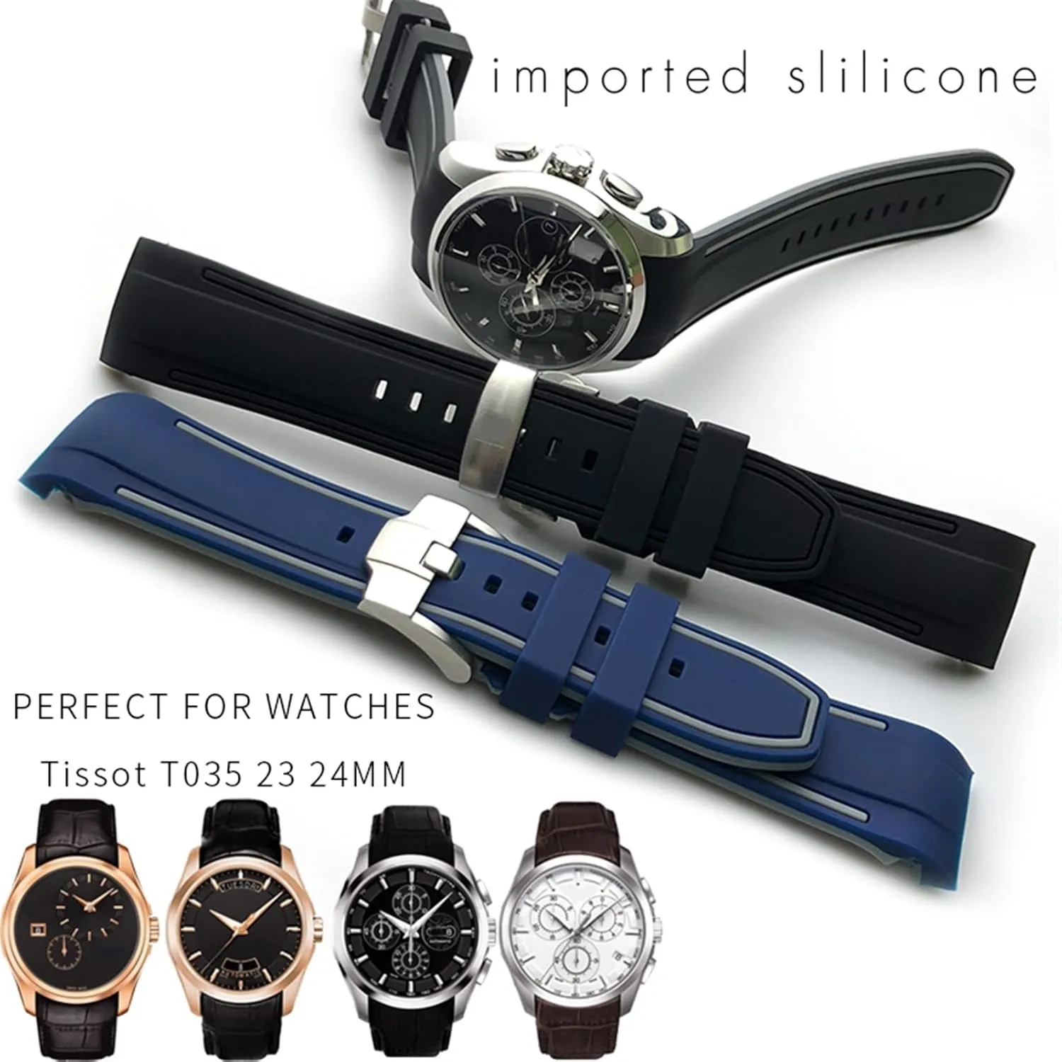Black Blue Curved End Watch Bands 23mm 24mm Rubber Silicone Watch Strap hinterland fright workforce Fit for Tissot T035 T035627 Butterfly Buckle Replacement 