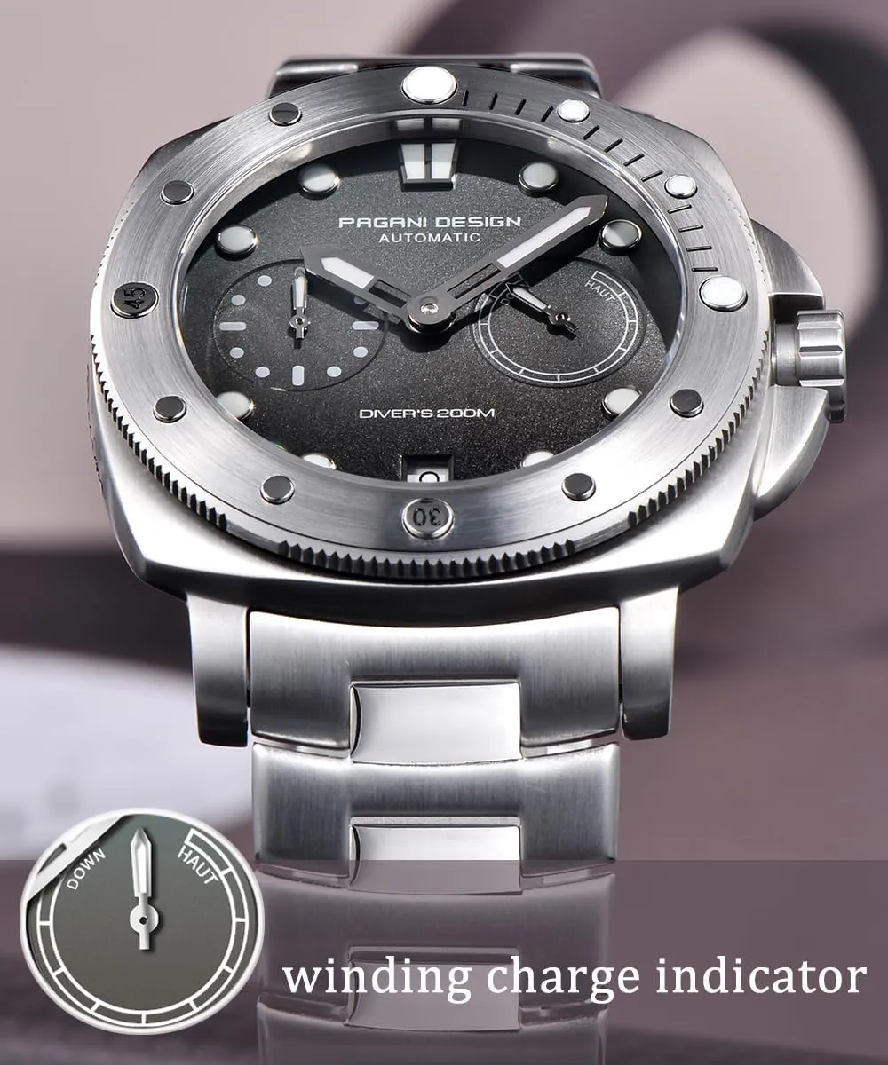Black Dial,Date CEYADG Pagani Design PD1767 Automatic Mechanical Watches presumably distortion hybrid for Men, Power Reserve Indicator, Stainless Steel Band, 