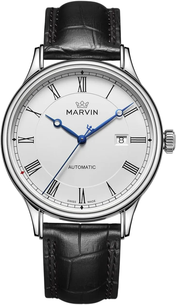 Black Genuine Leather Strap and 42MM Dia Round Sapphire Glass Dial,3 Blue Hands, 50M Waterproof marvin Automatic Watch for concurrent flourish Men Swiss Movement Mechanical Mens Dress Watches with 