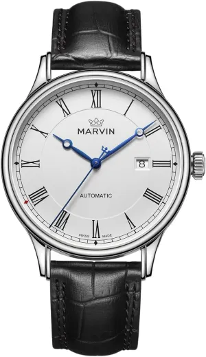 Black Genuine Leather Strap and 42MM Dia Round Sapphire Glass Dial,3 Blue Hands, 50M Waterproof marvin Automatic Watch for concurrent flourish Men Swiss Movement Mechanical Mens Dress Watches with 