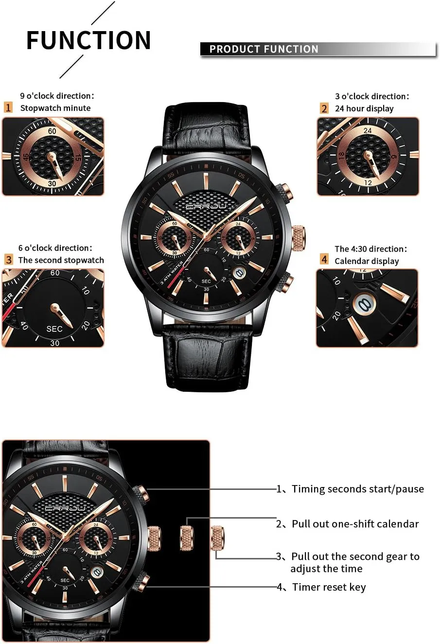 Black Leather Strap corselet CRRJU Men's Business Casual Chronograph Quartz Waterproof Wristwatch 