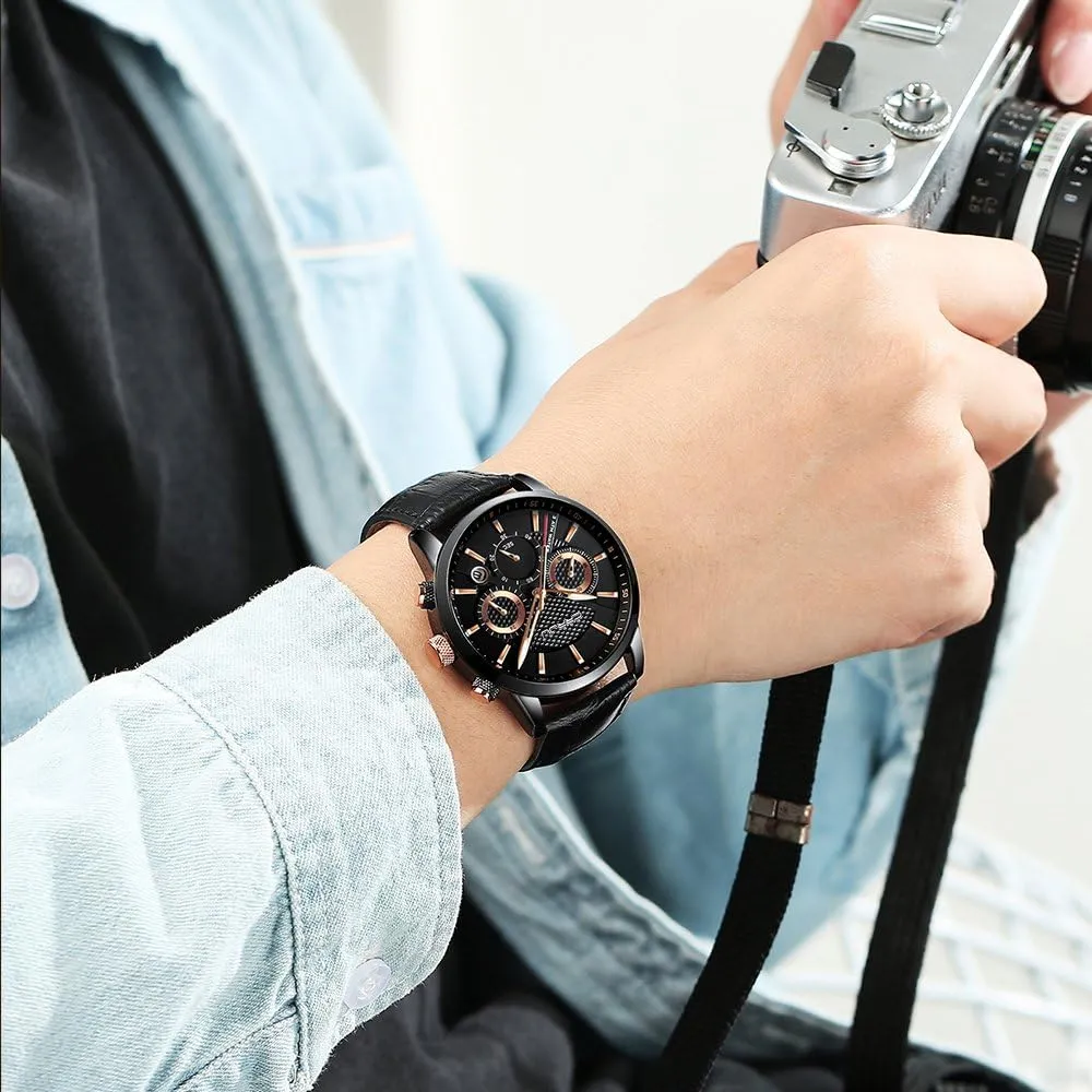 Black Leather Strap corselet CRRJU Men's Business Casual Chronograph Quartz Waterproof Wristwatch 