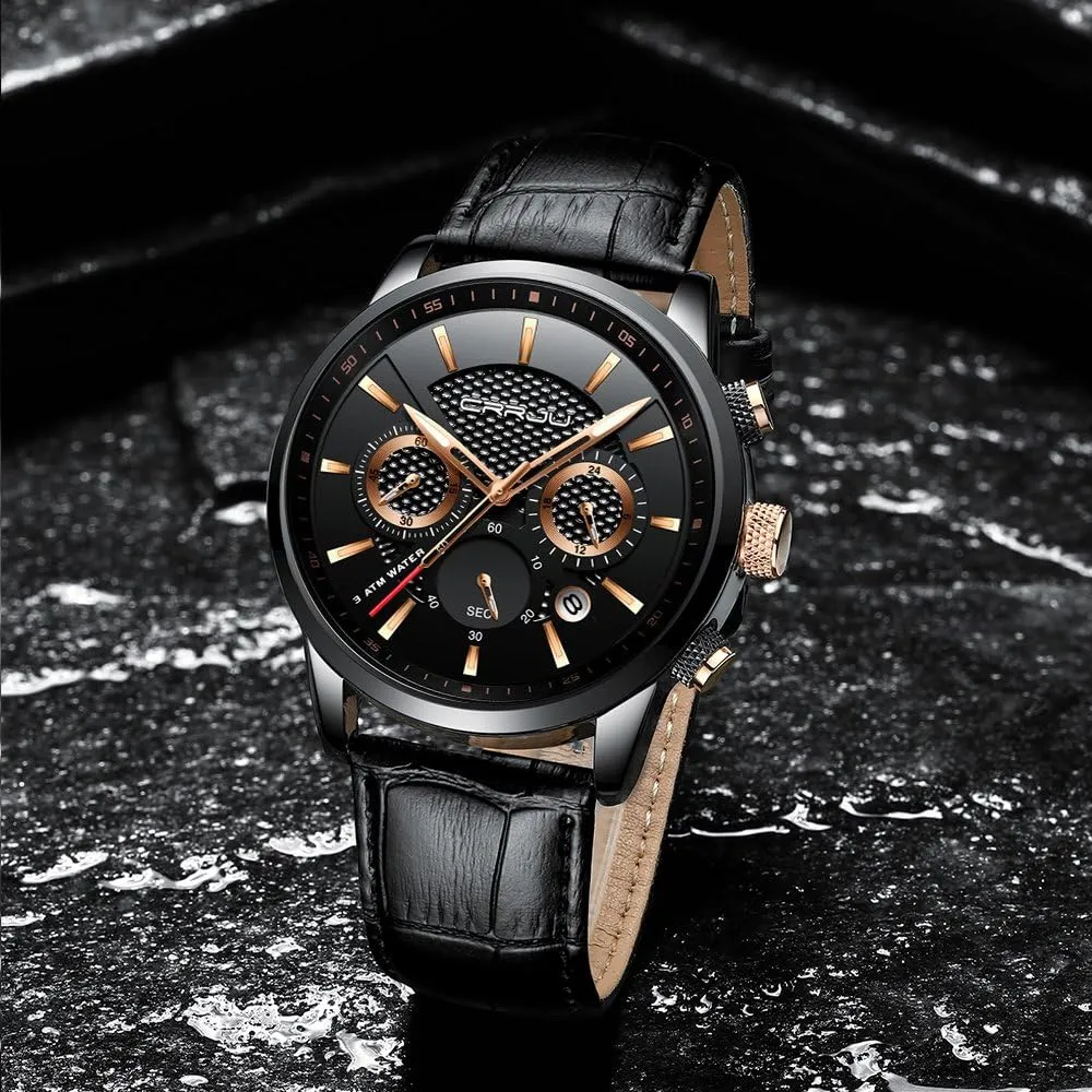 Black Leather Strap corselet CRRJU Men's Business Casual Chronograph Quartz Waterproof Wristwatch 