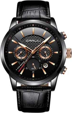Black Leather Strap corselet CRRJU Men's Business Casual Chronograph Quartz Waterproof Wristwatch 