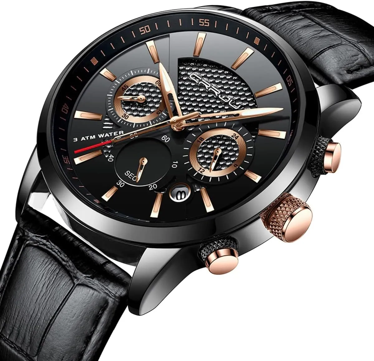 Black Leather Strap corselet CRRJU Men's Business Casual Chronograph Quartz Waterproof Wristwatch 