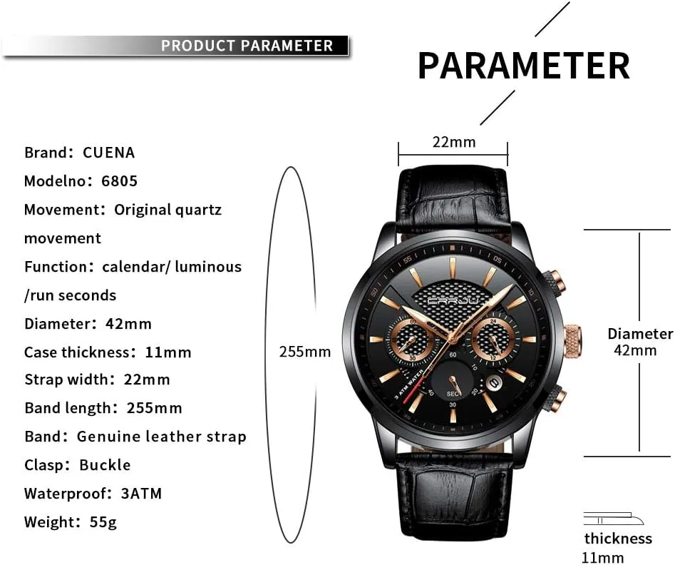Black Leather Strap corselet CRRJU Men's Business Casual Chronograph Quartz Waterproof Wristwatch 