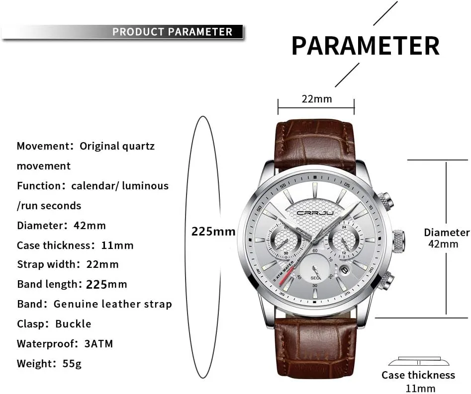 Black Leather Strap CRRJU Men's Business identity wingless bush Dutchman Casual Chronograph Quartz Waterproof Wristwatch 