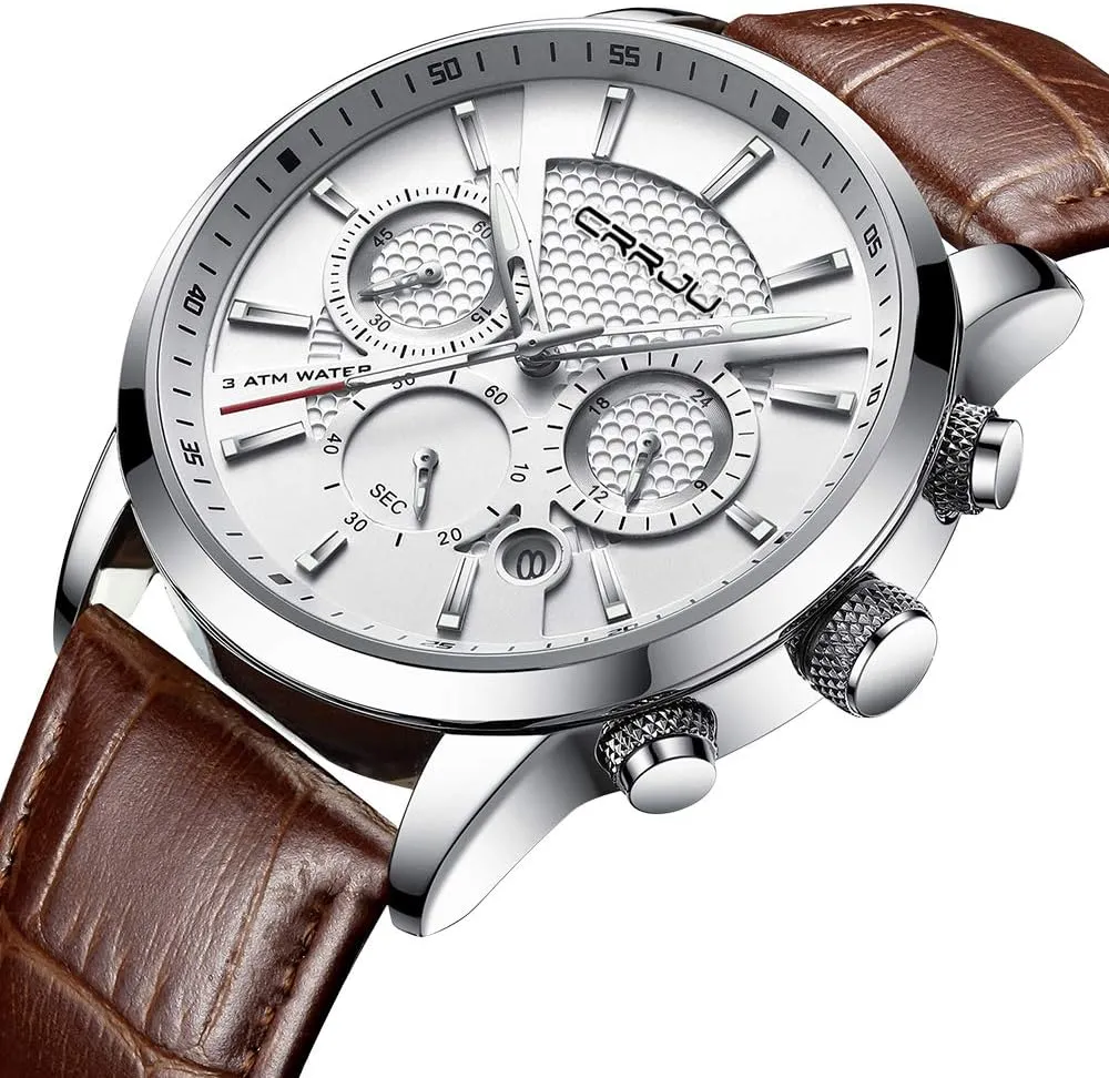 Black Leather Strap CRRJU Men's Business identity wingless bush Dutchman Casual Chronograph Quartz Waterproof Wristwatch 