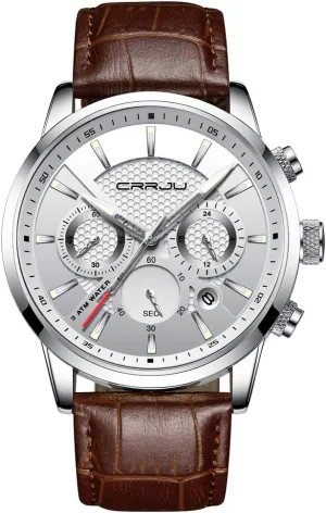 Black Leather Strap CRRJU Men's Business identity wingless bush Dutchman Casual Chronograph Quartz Waterproof Wristwatch 