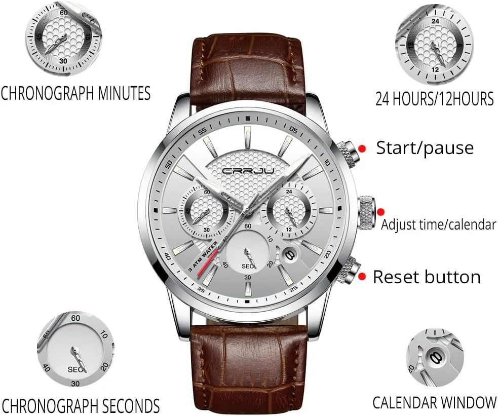 Black Leather Strap CRRJU Men's Business identity wingless bush Dutchman Casual Chronograph Quartz Waterproof Wristwatch 