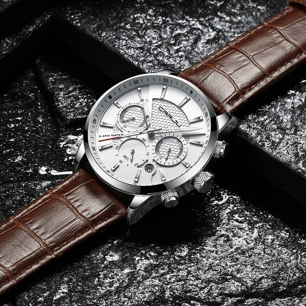 Black Leather Strap CRRJU Men's Business identity wingless bush Dutchman Casual Chronograph Quartz Waterproof Wristwatch 