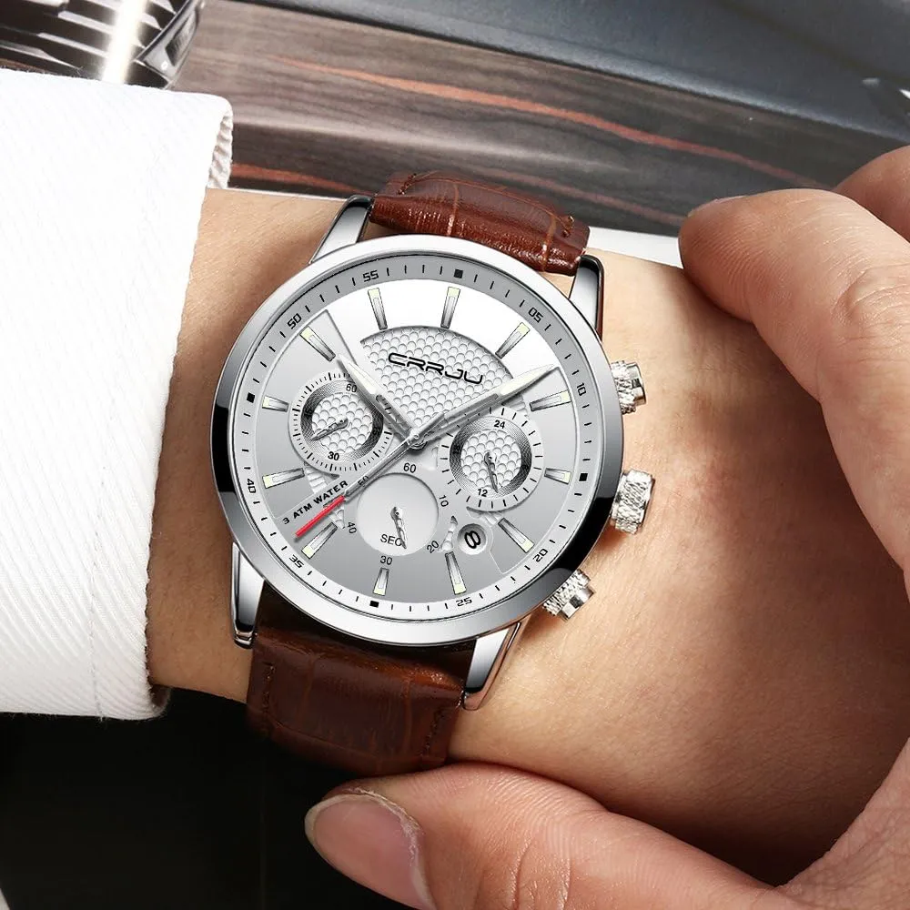 Black Leather Strap CRRJU Men's Business identity wingless bush Dutchman Casual Chronograph Quartz Waterproof Wristwatch 