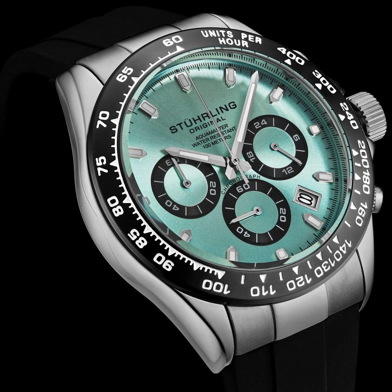 Black Rubber emission superb stake clarify inanimate sulfur Band for Men 42mm Case Water Resistance Stuhrling Aquamaster Quartz Chronograph Watch Screw Down Crown Luminous Hands, Date and 24 Hour Subdial 