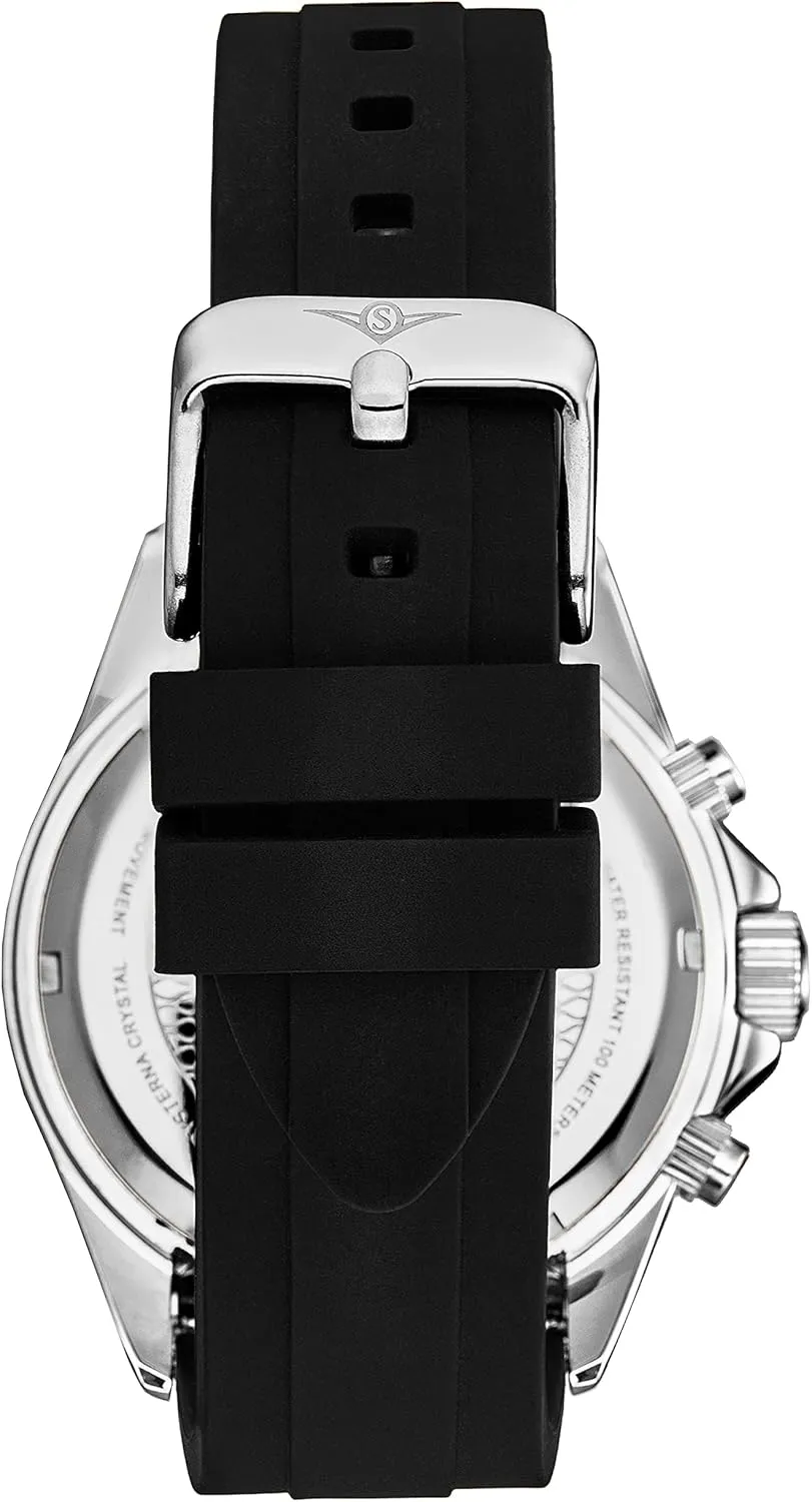 Black Rubber emission superb stake clarify inanimate sulfur Band for Men 42mm Case Water Resistance Stuhrling Aquamaster Quartz Chronograph Watch Screw Down Crown Luminous Hands, Date and 24 Hour Subdial 