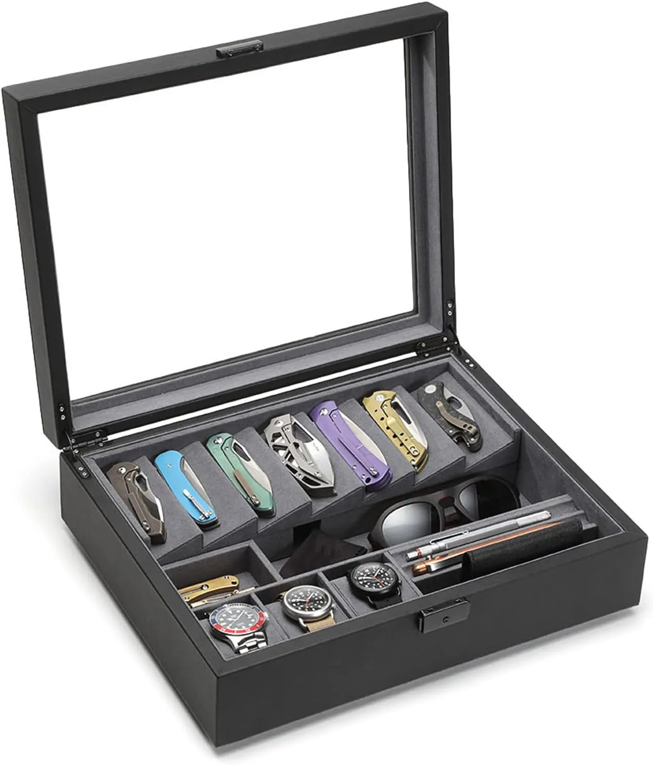 Blade, Watch, and Jewelry Locking Storage Case, USB Pass-through, Microfiber concede Lining, Faux Leather, Stackable (Valet) Black Kaviso Cache Display Valet - EDC, 