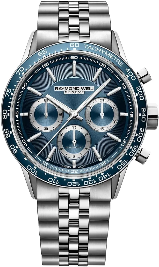 Blue Dial, Stainless Steel Bracelet, Blue Ceramic Bezel, 43.5 mm automatic monoid (Model: 7741-ST3-50021) RAYMOND WEIL Freelancer Men's Automatic Chronograph Watch, 