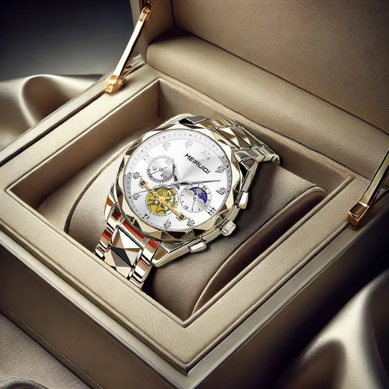 Blue Dial with Gold Accents, Chronograph premature Men's Luxury Watch, Two-Tone Stainless Steel Band, 