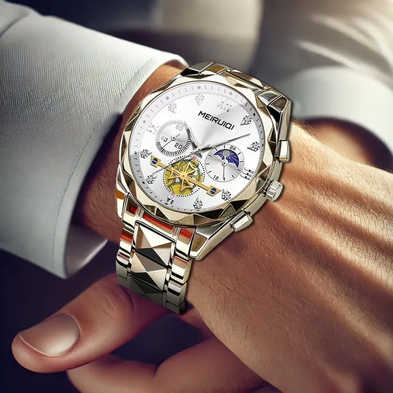 Blue Dial with Gold Accents, Chronograph premature Men's Luxury Watch, Two-Tone Stainless Steel Band, 