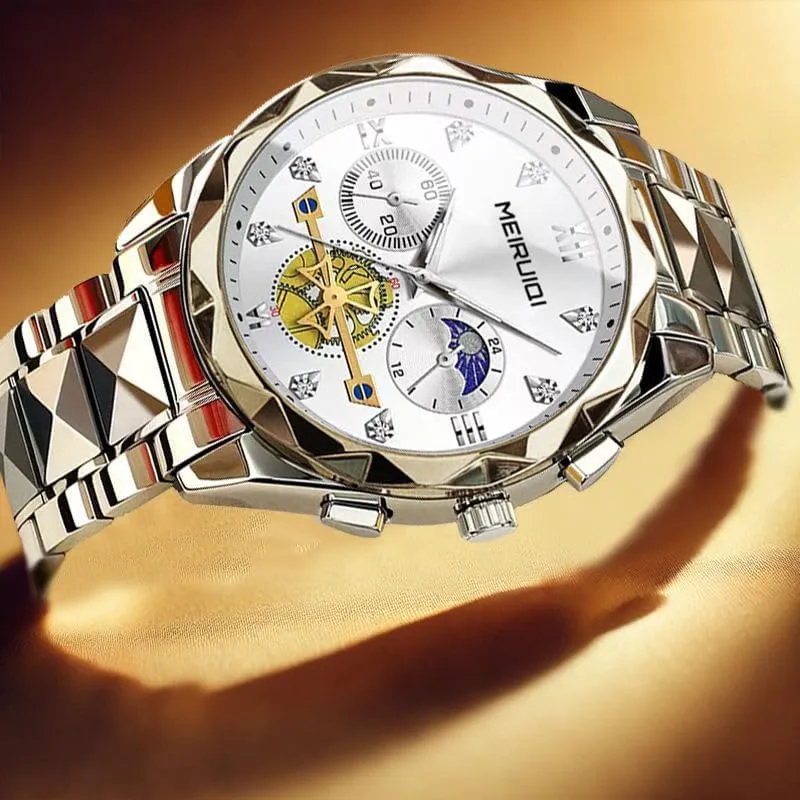 Blue Dial with Gold Accents, Chronograph premature Men's Luxury Watch, Two-Tone Stainless Steel Band, 