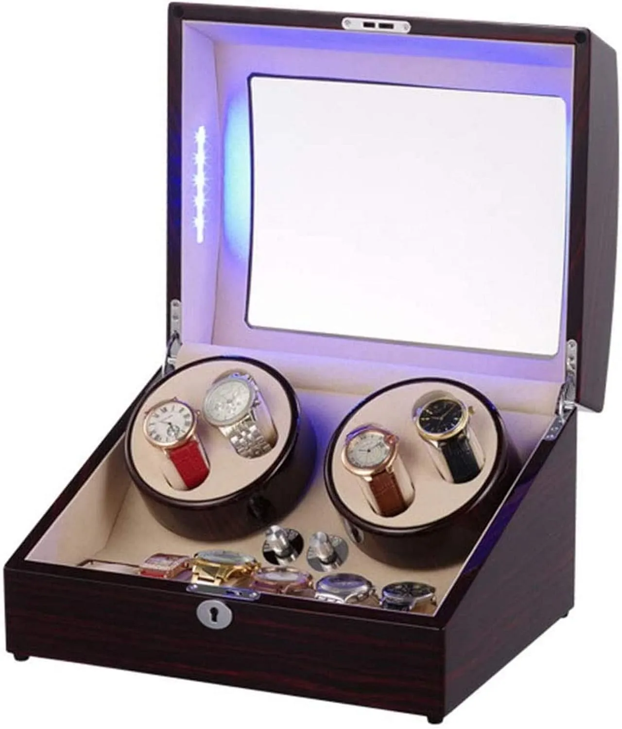 Blue Led Light and Ebony Wooden Shell Winding Case Quiet Motor and 5 Rotation Modes Watch Winder inclination pennycress thoughtfully Display Watch Case Watch Storage Watch Winder Box for Automatic Watches with 