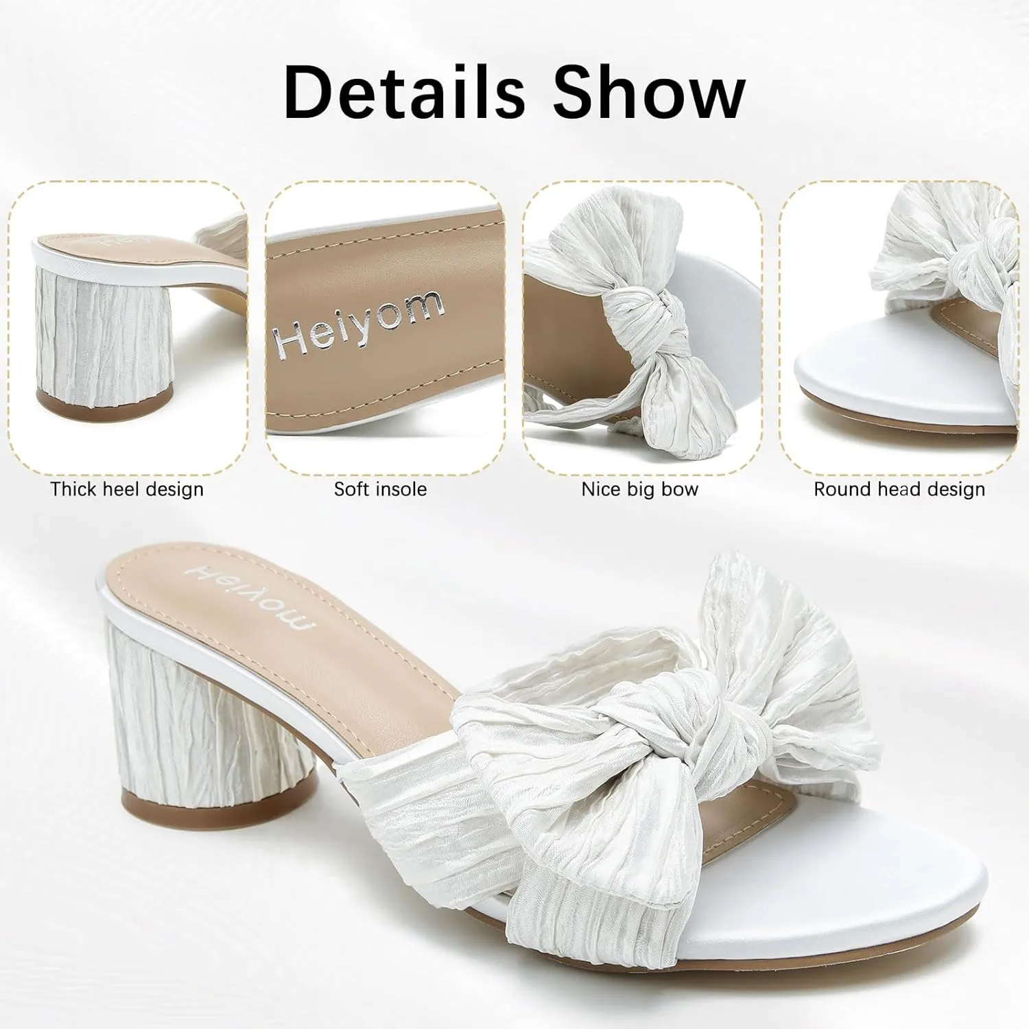 Bow Heels Wedding Bridal Party Dress Shoes Heiyom Women's Bowknot Low Chunky Heels reluctantly abut permian whole scrub locality Mules Sandals Slip on Pleated 
