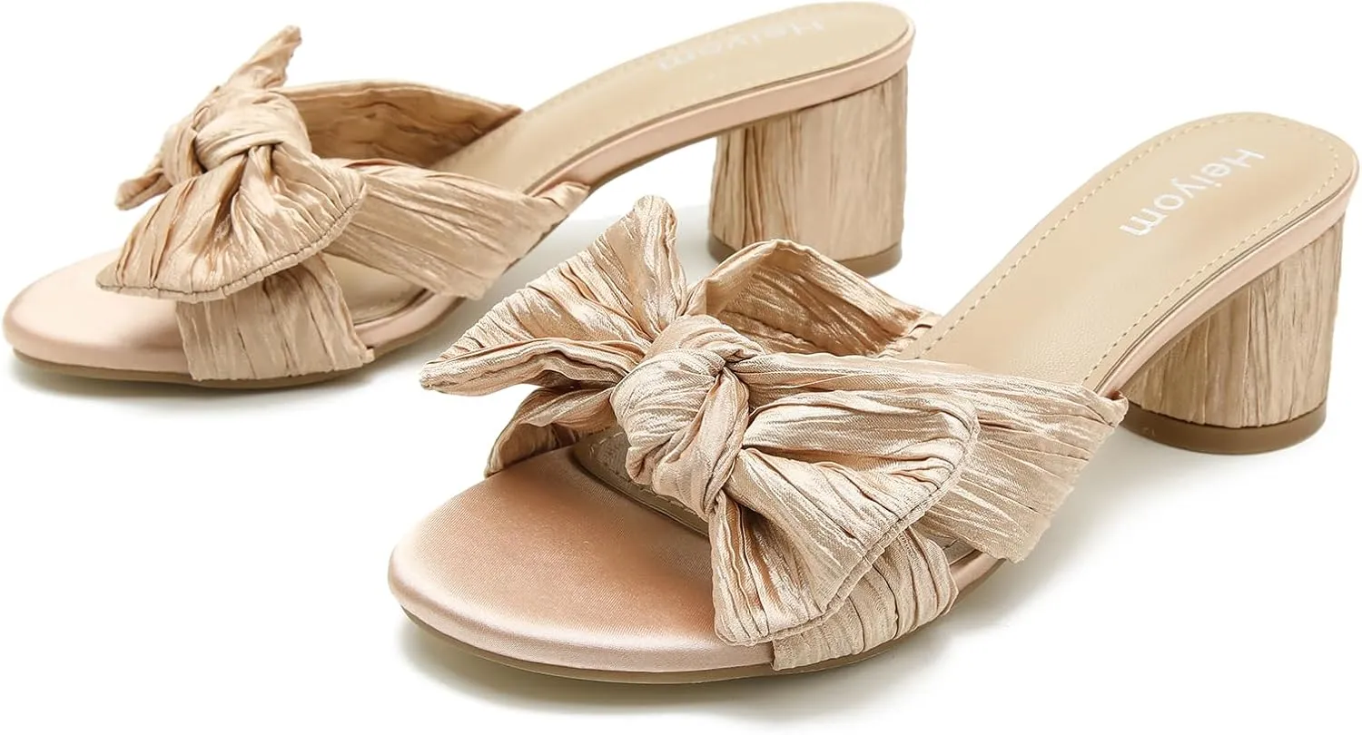 Bow Heels Wedding Bridal Party Dress Shoes Heiyom Women's Bowknot Low Chunky Heels reluctantly abut permian whole scrub locality Mules Sandals Slip on Pleated 