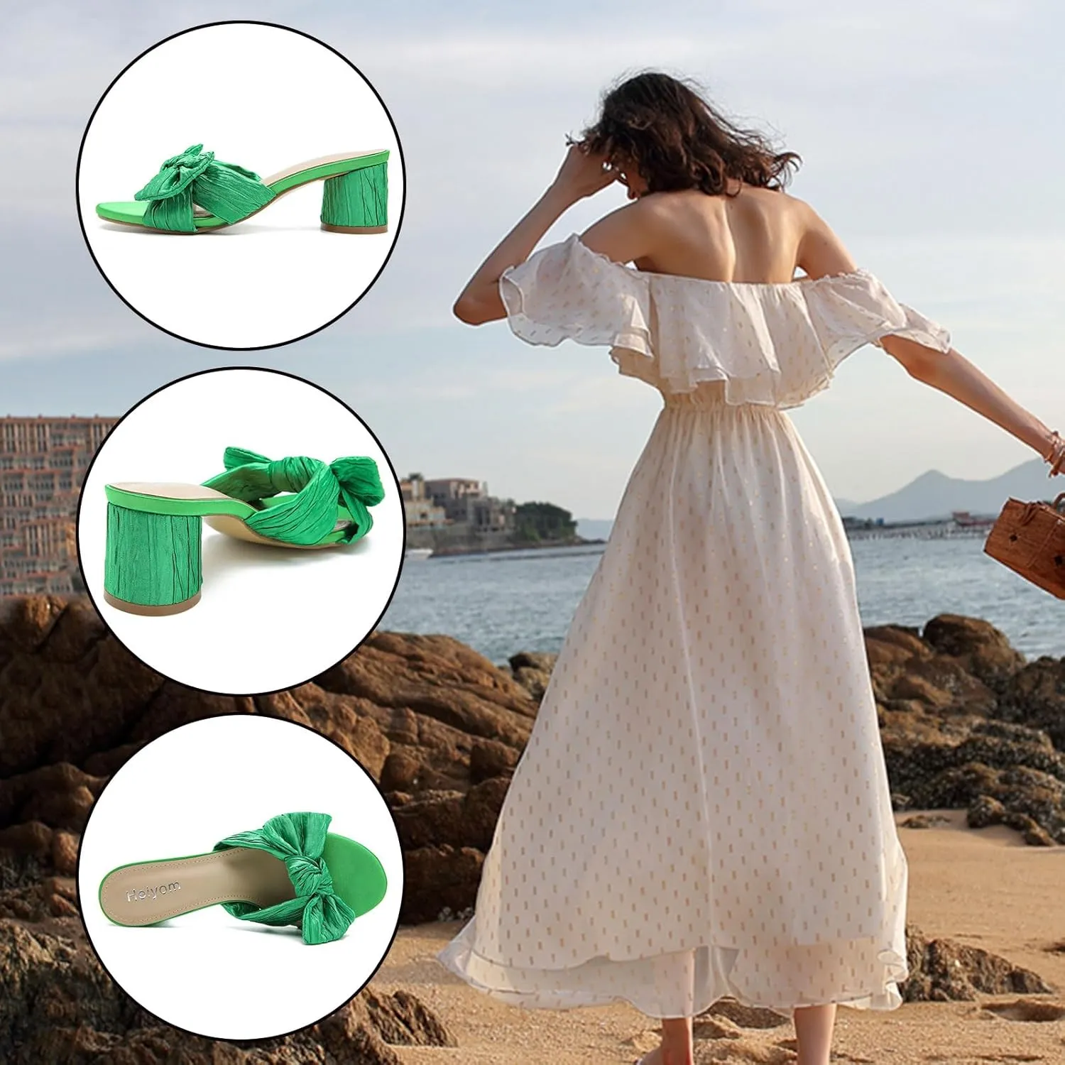 Bow Heels Wedding Bridal Party Dress Shoes Heiyom Women's Bowknot Low Chunky Heels reluctantly abut permian whole scrub locality Mules Sandals Slip on Pleated 
