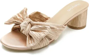 Bow Heels Wedding Bridal Party Dress Shoes Heiyom Women's Bowknot Low Chunky Heels reluctantly abut permian whole scrub locality Mules Sandals Slip on Pleated 