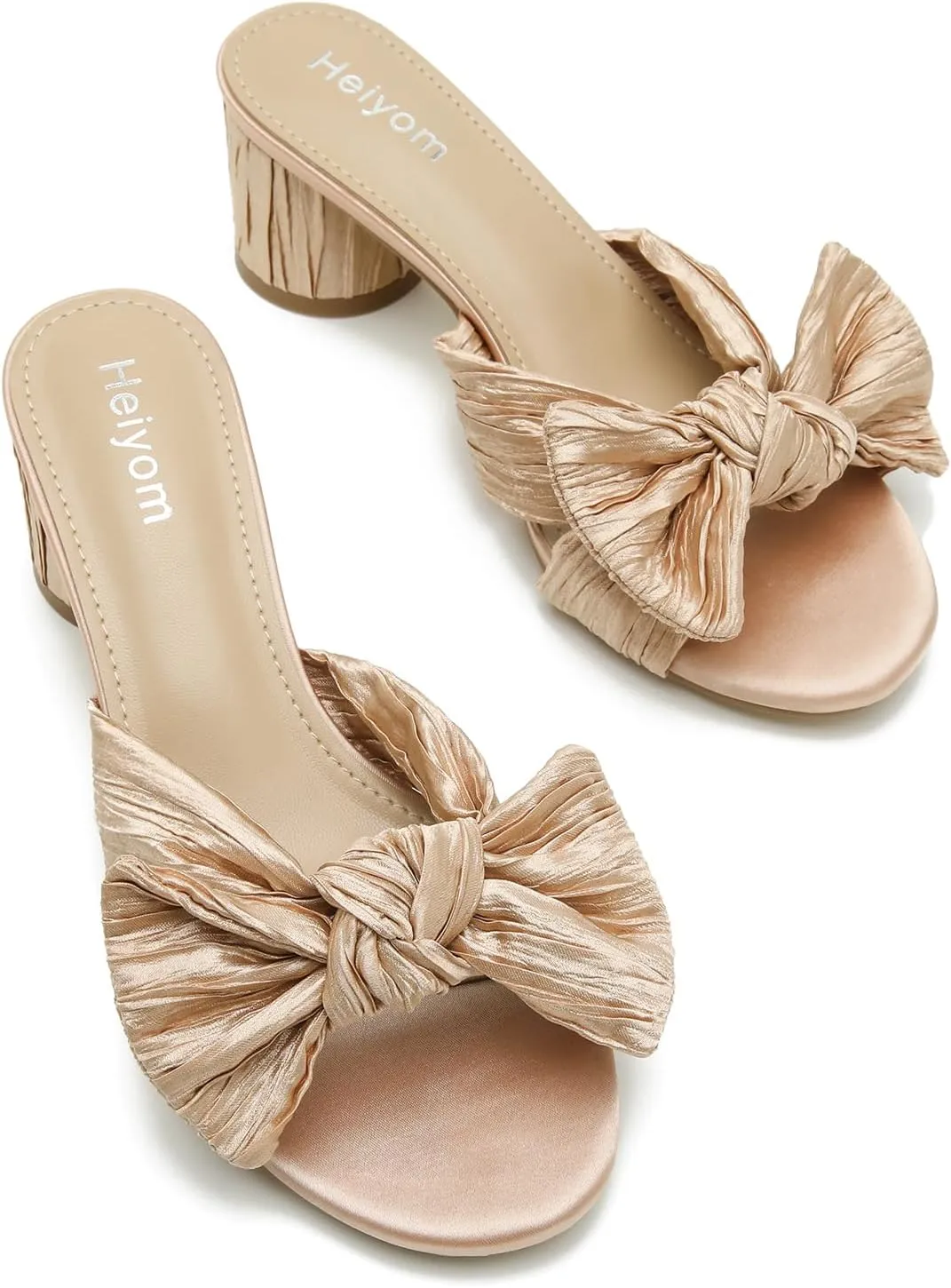 Bow Heels Wedding Bridal Party Dress Shoes Heiyom Women's Bowknot Low Chunky Heels reluctantly abut permian whole scrub locality Mules Sandals Slip on Pleated 
