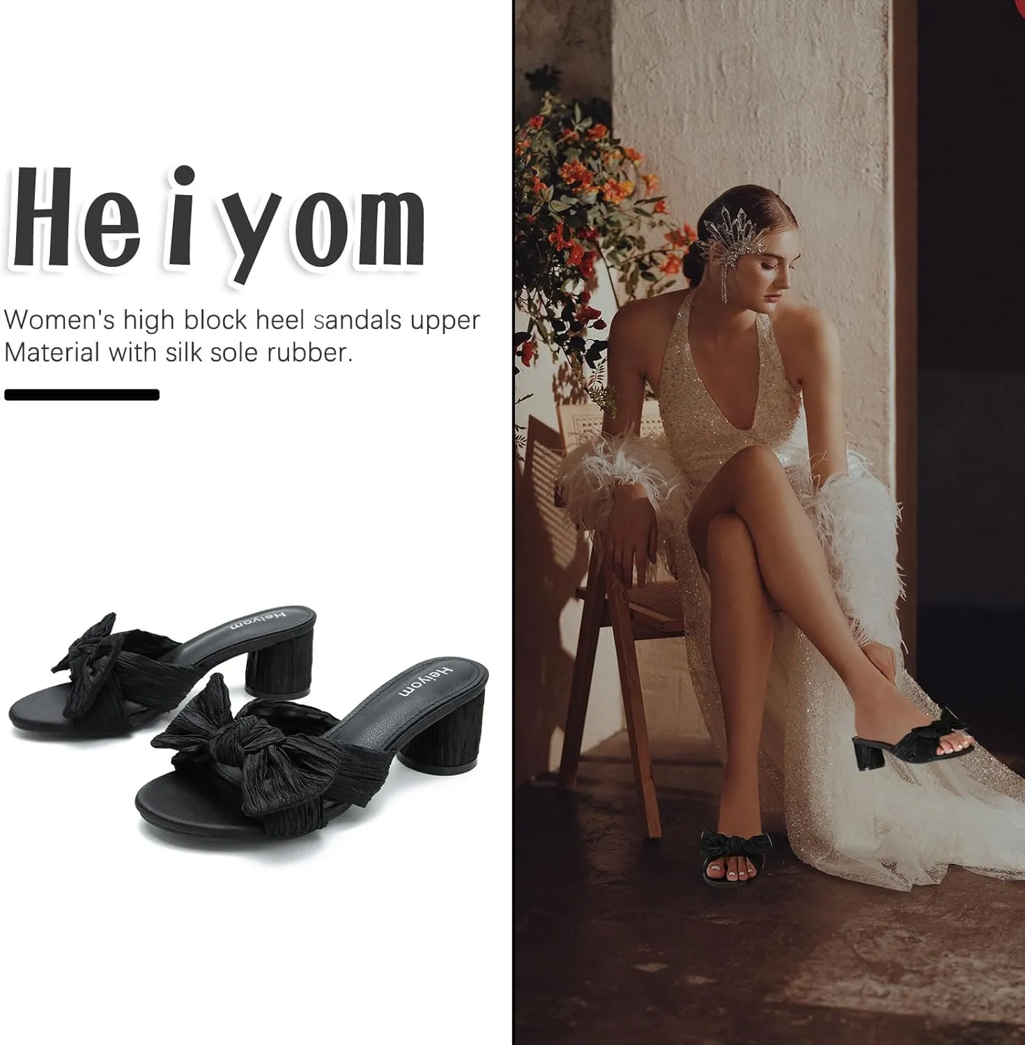 Bow Heels Wedding Bridal Party Dress Shoes Heiyom Women's Bowknot Low Chunky Heels reluctantly abut permian whole scrub locality Mules Sandals Slip on Pleated 