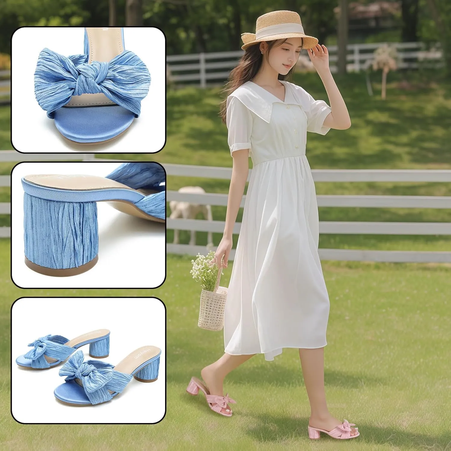 Bow Heels Wedding Bridal Party Dress Shoes Heiyom Women's Bowknot Low Chunky Heels reluctantly abut permian whole scrub locality Mules Sandals Slip on Pleated 