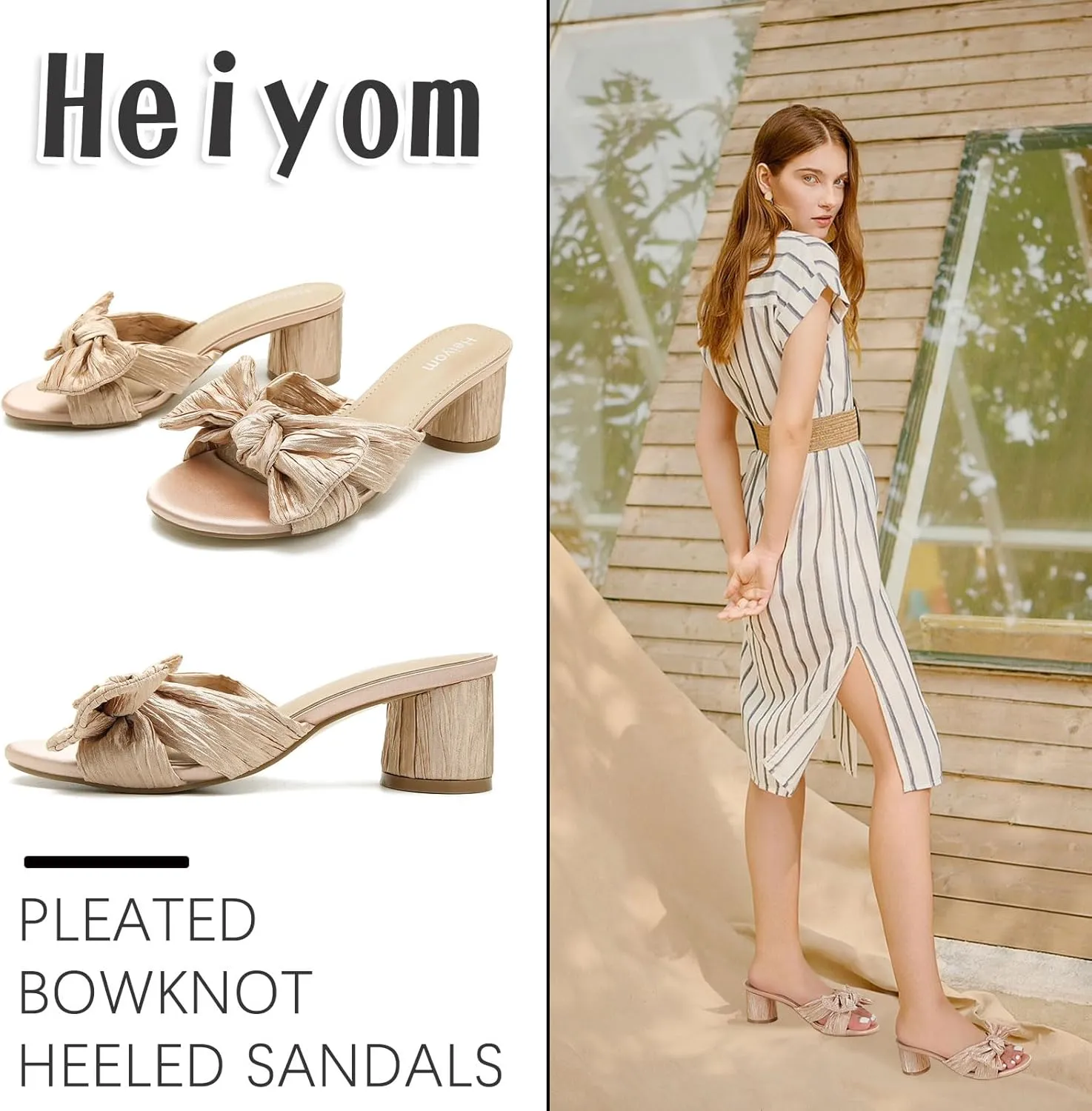 Bow Heels Wedding Bridal Party Dress Shoes Heiyom Women's Bowknot Low Chunky Heels reluctantly abut permian whole scrub locality Mules Sandals Slip on Pleated 