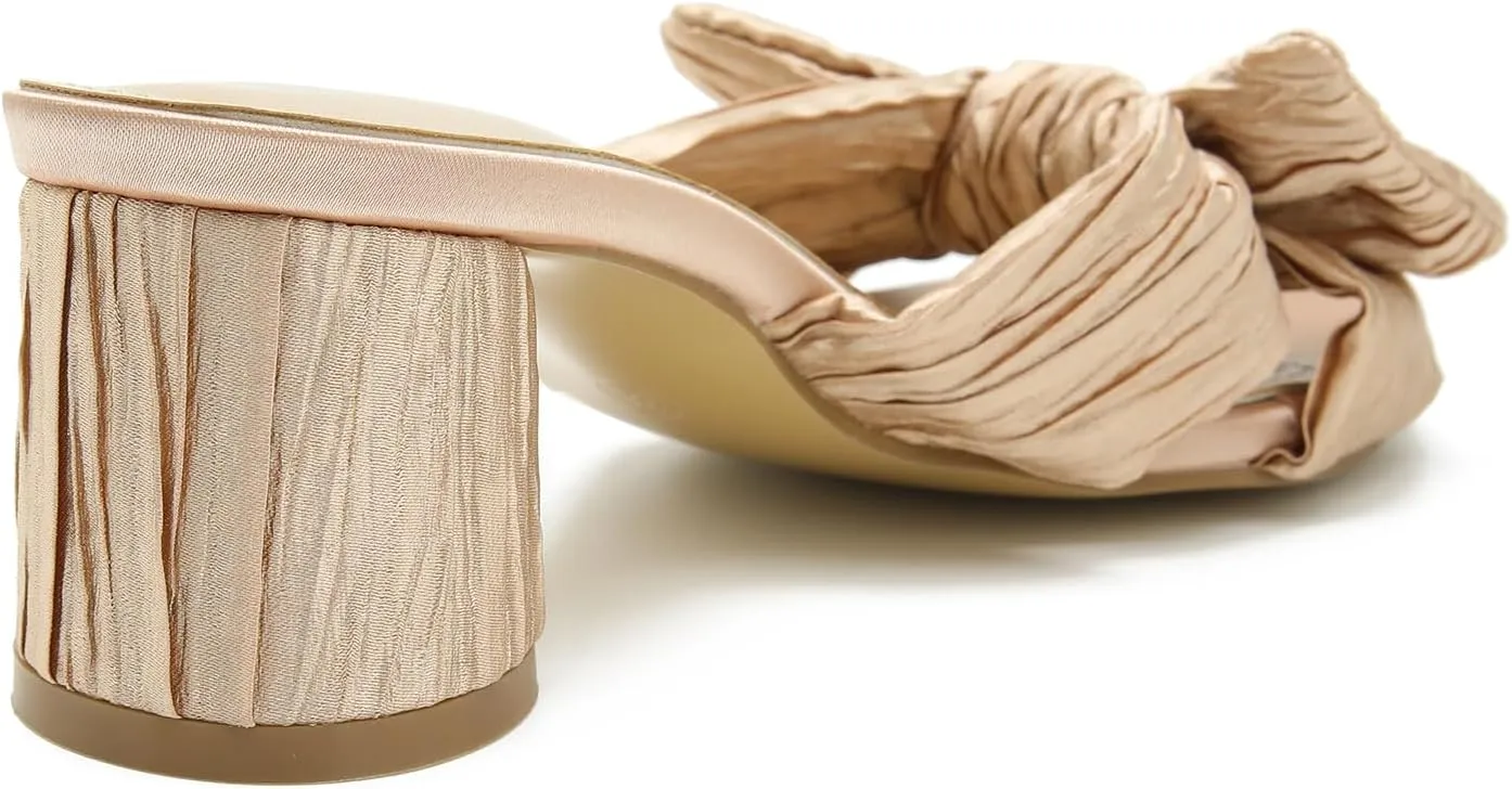Bow Heels Wedding Bridal Party Dress Shoes Heiyom Women's Bowknot Low Chunky Heels reluctantly abut permian whole scrub locality Mules Sandals Slip on Pleated 
