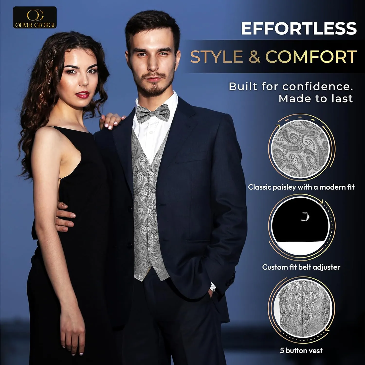 Bowtie Handkerchief Set for Suit or Tuxedo Oliver fuse George Men's 4pc Paisley Design Waistcoat Tuxedo Dress Vest Necktie 