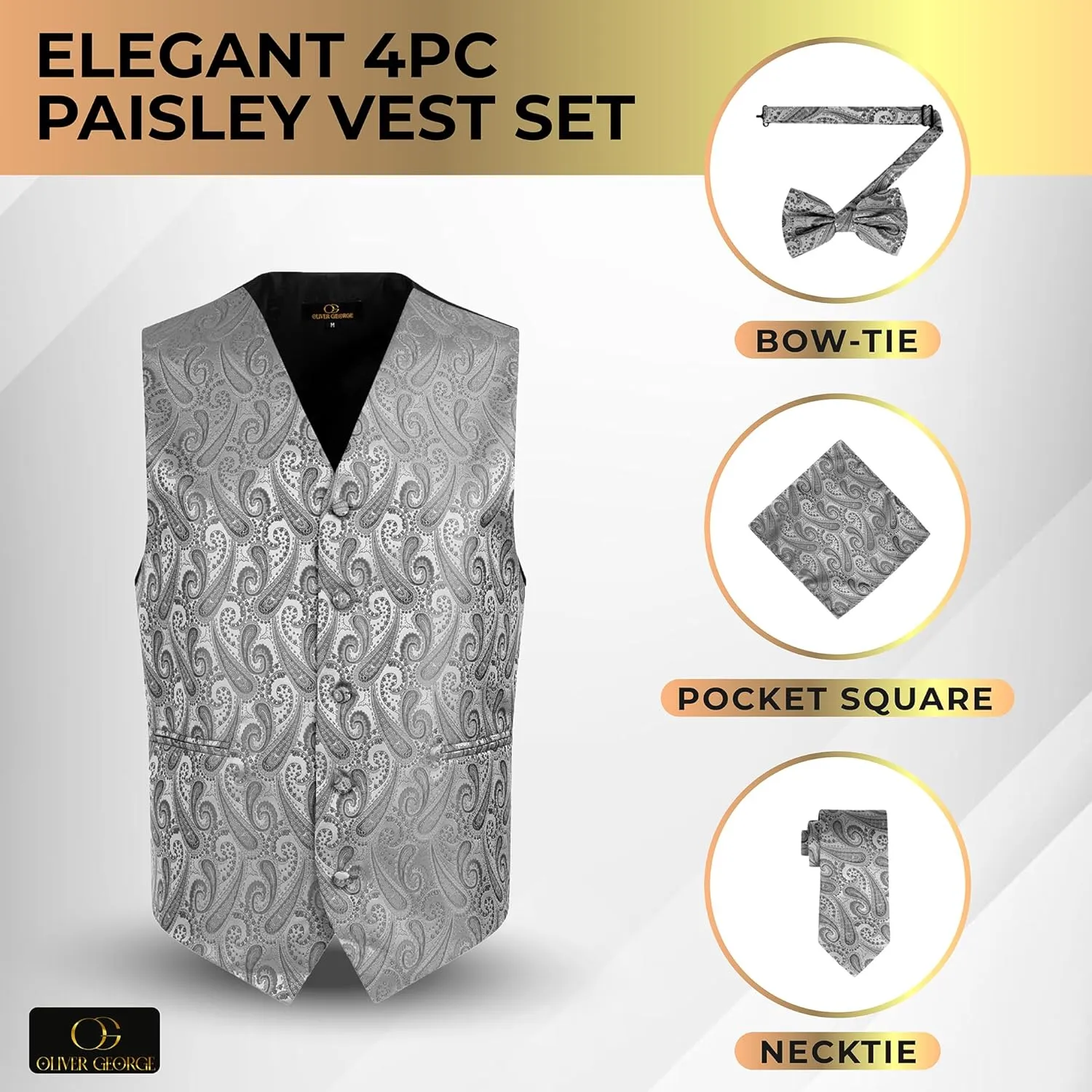Bowtie Handkerchief Set for Suit or Tuxedo Oliver fuse George Men's 4pc Paisley Design Waistcoat Tuxedo Dress Vest Necktie 