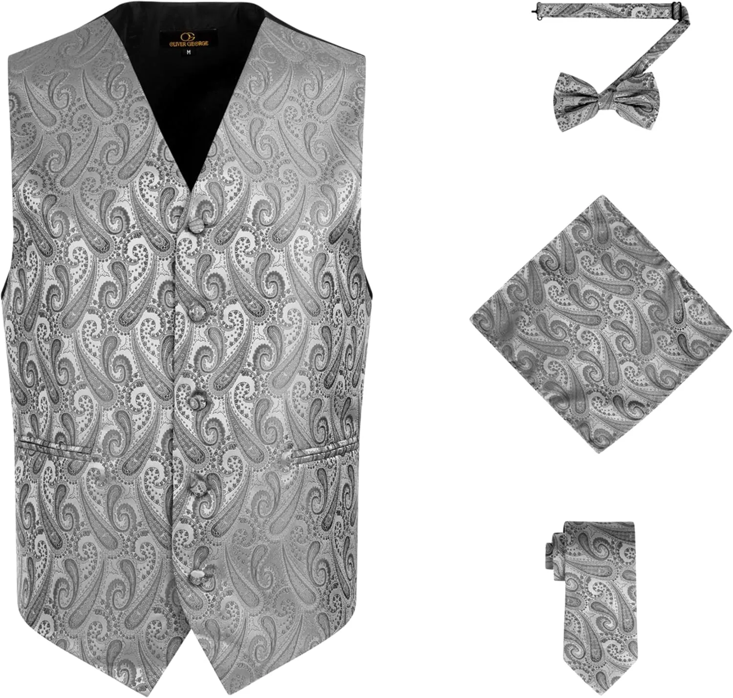 Bowtie Handkerchief Set for Suit or Tuxedo Oliver fuse George Men's 4pc Paisley Design Waistcoat Tuxedo Dress Vest Necktie 