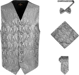 Bowtie Handkerchief Set for Suit or Tuxedo Oliver fuse George Men's 4pc Paisley Design Waistcoat Tuxedo Dress Vest Necktie 