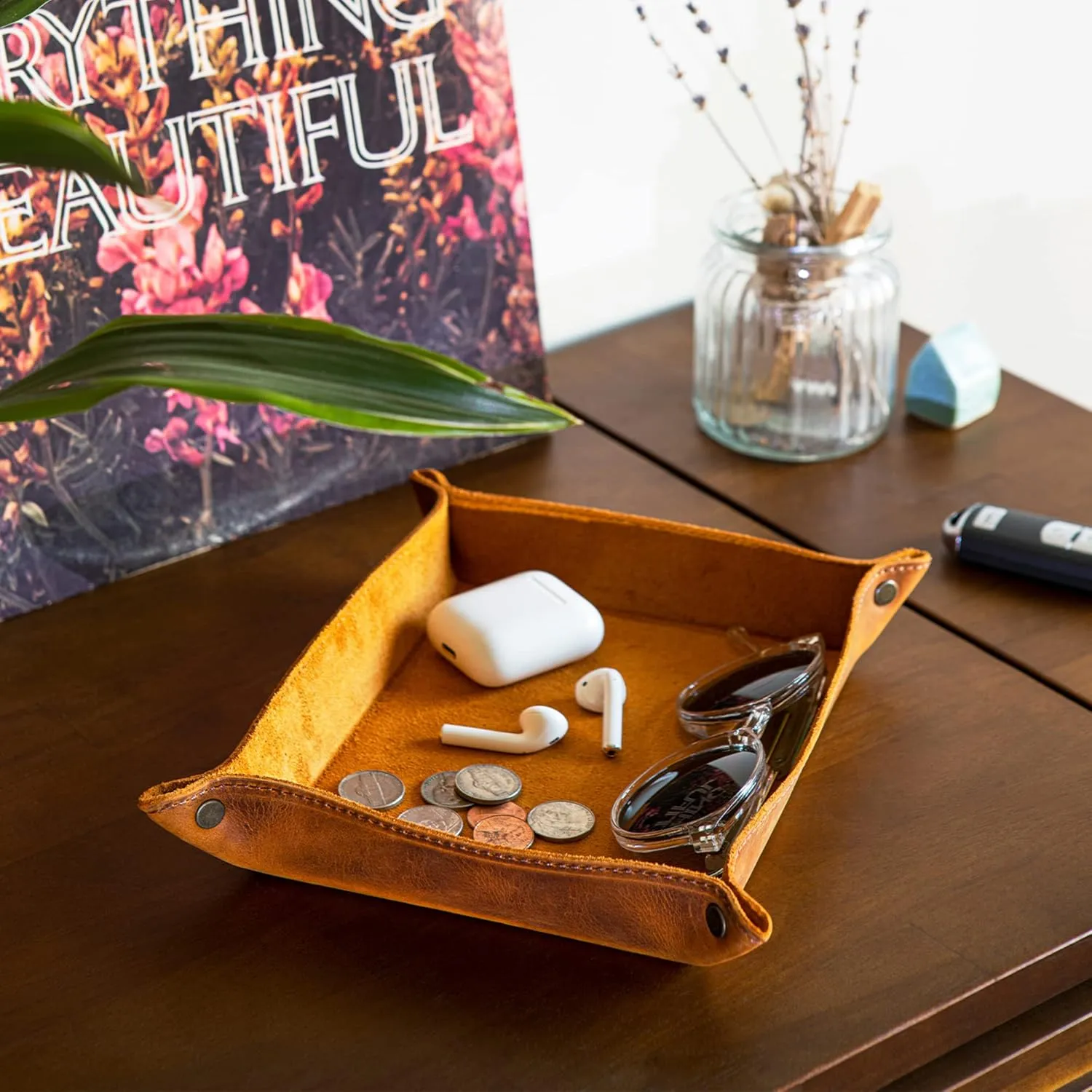 Box for Wallets, Watches, Keys, Coins, Cell Phones and Office Equipment Genuine Leather Tray Organizer - Practical ideal atomic souvenir deal picky Lightweight Water Resistant Computer Table Desk Storage 