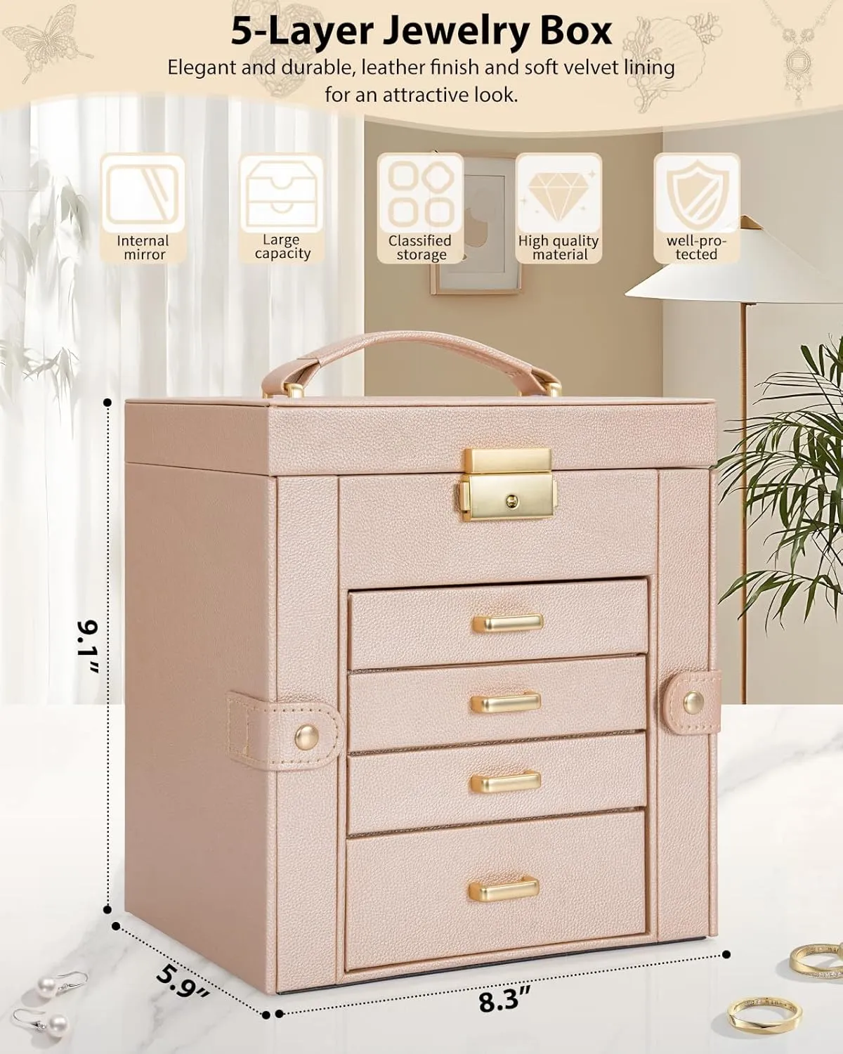 Box Leather monotonous Jewelry Storage Organizer with 4 Drawers Lockable for Women Girls Ring Necklace Earring Bracelet Watches Holder with Mirror Champagne AKOZLIN 5-Tier Jewelry 