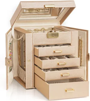 Box Leather monotonous Jewelry Storage Organizer with 4 Drawers Lockable for Women Girls Ring Necklace Earring Bracelet Watches Holder with Mirror Champagne AKOZLIN 5-Tier Jewelry 