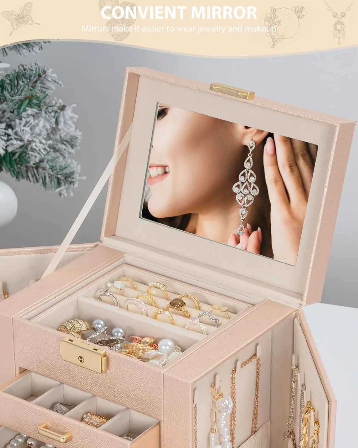 Box Leather monotonous Jewelry Storage Organizer with 4 Drawers Lockable for Women Girls Ring Necklace Earring Bracelet Watches Holder with Mirror Champagne AKOZLIN 5-Tier Jewelry 