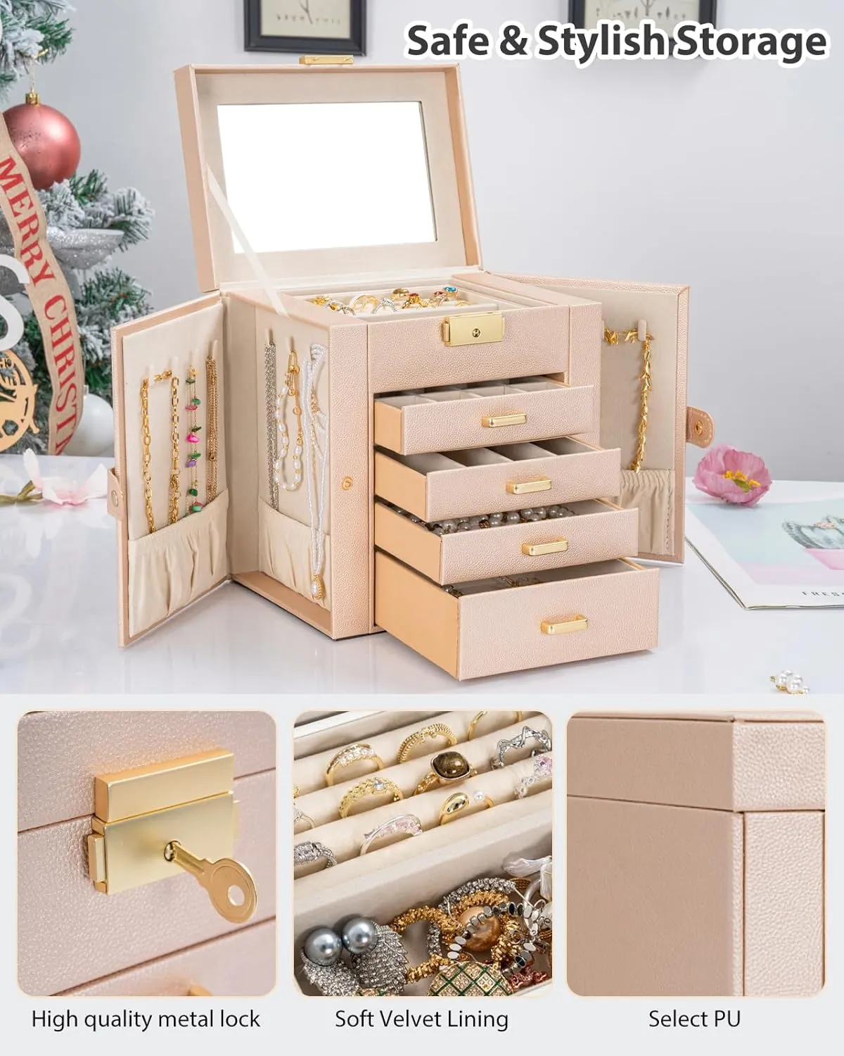 Box Leather monotonous Jewelry Storage Organizer with 4 Drawers Lockable for Women Girls Ring Necklace Earring Bracelet Watches Holder with Mirror Champagne AKOZLIN 5-Tier Jewelry 
