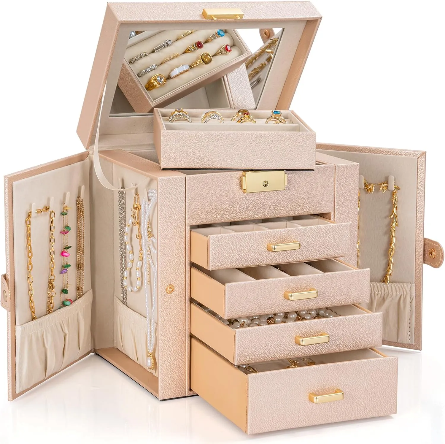 Box Leather monotonous Jewelry Storage Organizer with 4 Drawers Lockable for Women Girls Ring Necklace Earring Bracelet Watches Holder with Mirror Champagne AKOZLIN 5-Tier Jewelry 