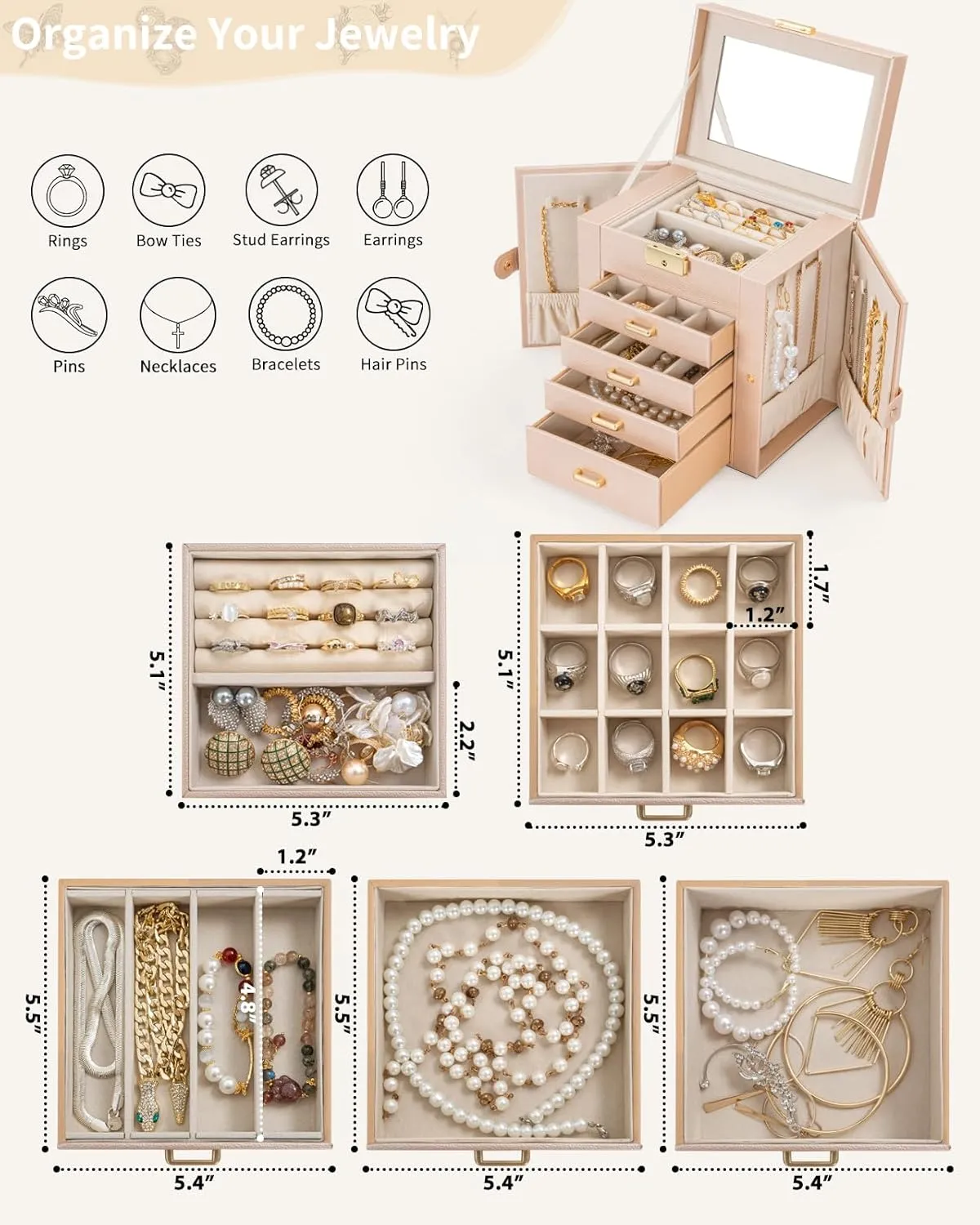 Box Leather monotonous Jewelry Storage Organizer with 4 Drawers Lockable for Women Girls Ring Necklace Earring Bracelet Watches Holder with Mirror Champagne AKOZLIN 5-Tier Jewelry 