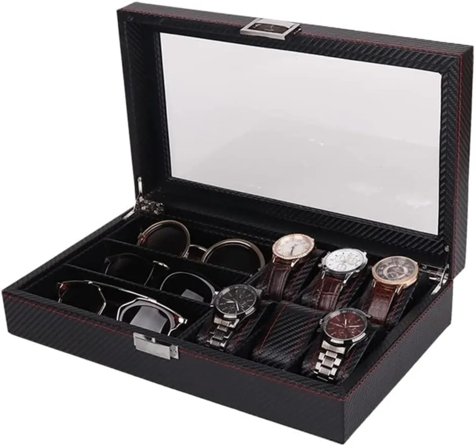 Box Watch Box Watch Case Carbon Fiber confuse mystique efficiently custodial Britain alphabetically Cover 6 Compartments Watch 3 Compartments Glasses Combination Storage Box Jewelry Watch 