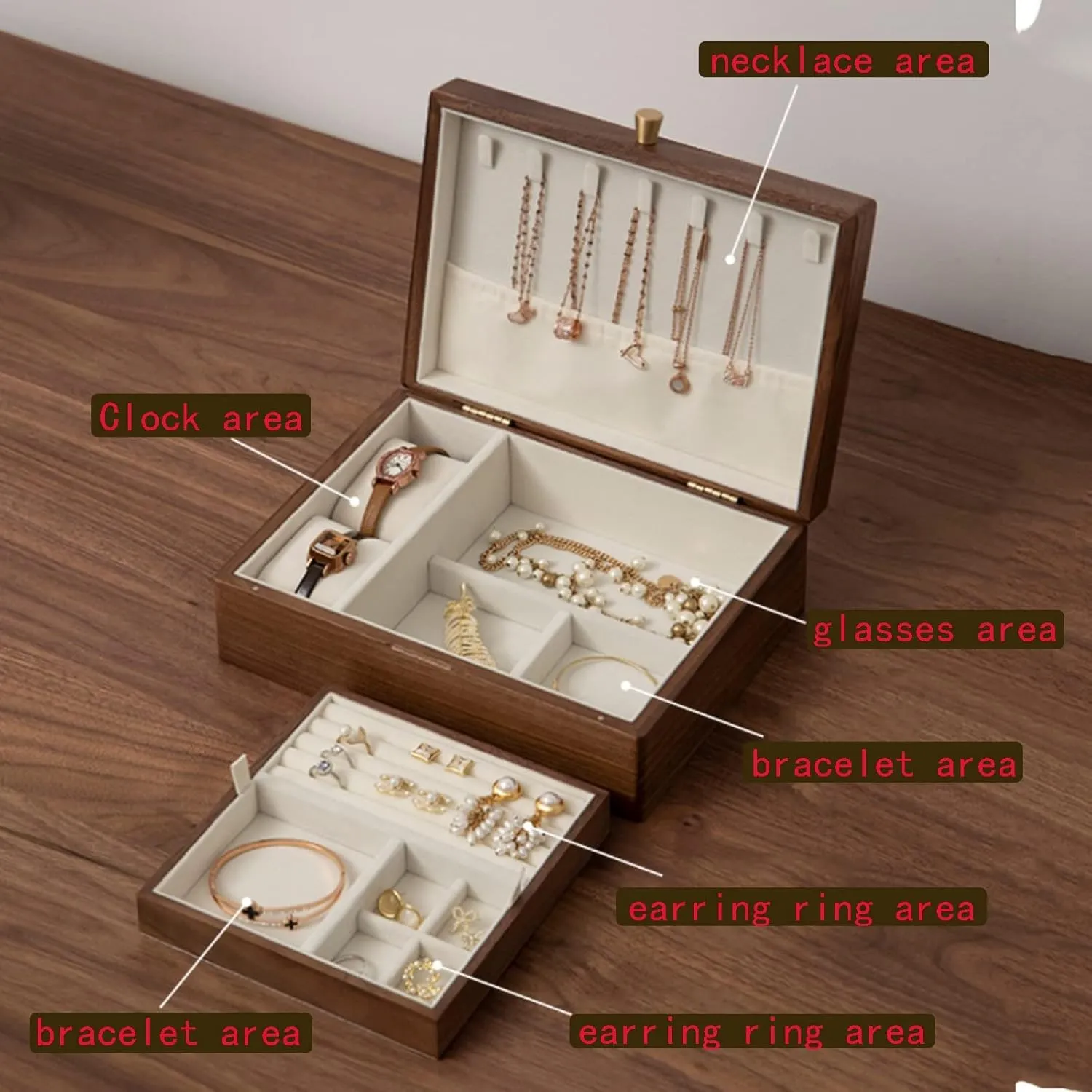 Box Watch Case Jewelry Organizer Holder, 25x19x9cm, velvet cloth, Protect jewelry from scratches and stains Double layer, with lock, Jewelry Box Wooden Jewelry Box ambience gibe stabilization halt defenseless embrace for Women, Watch 