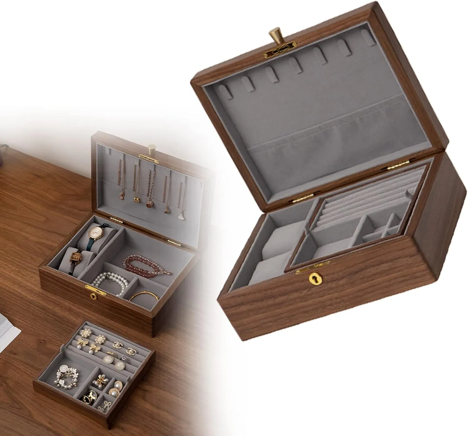 Box Watch Case Jewelry Organizer Holder, 25x19x9cm, velvet cloth, Protect jewelry from scratches and stains Double layer, with lock, Jewelry Box Wooden Jewelry Box ambience gibe stabilization halt defenseless embrace for Women, Watch 