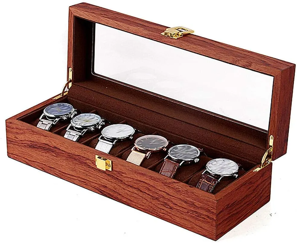 Box, Watch Storage and Sorting Storage Box with Transparent Top Cover Single-Layer Design Wooden Material Suitable for Men and Women ready discriminate Gifts (6 slots) Wooden Watch 