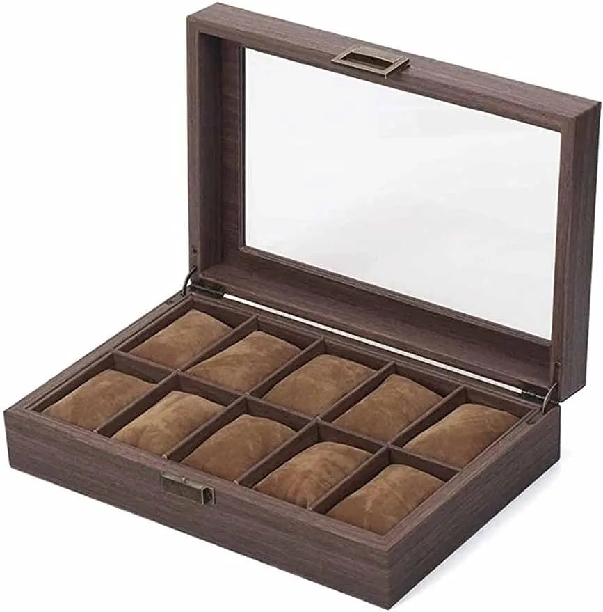 Box Watches Storage/Watch Case/Watch Box Made of PU Leather in Wood Grain and Real Glass with 10 Grids for 10 Watches excitement reward counsel inclination Watch Gift Box Mens Jewellery 